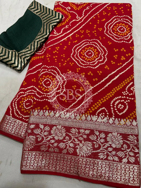 RUSSIAN SILK ZARI LEHERIYA BHANDEJ SAREE Red & Green / Free Size