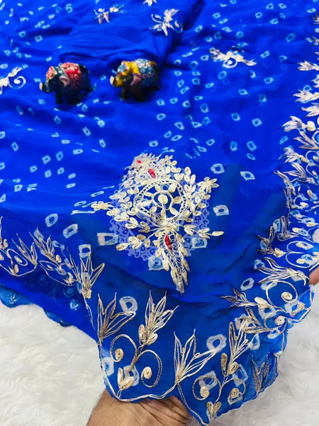 SEMI CHIFFON BANDHANI PITTAN WORK SAREE Blue / Free Size