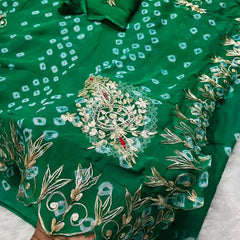 SEMI CHIFFON BANDHANI PITTAN WORK SAREE Green / Free Size