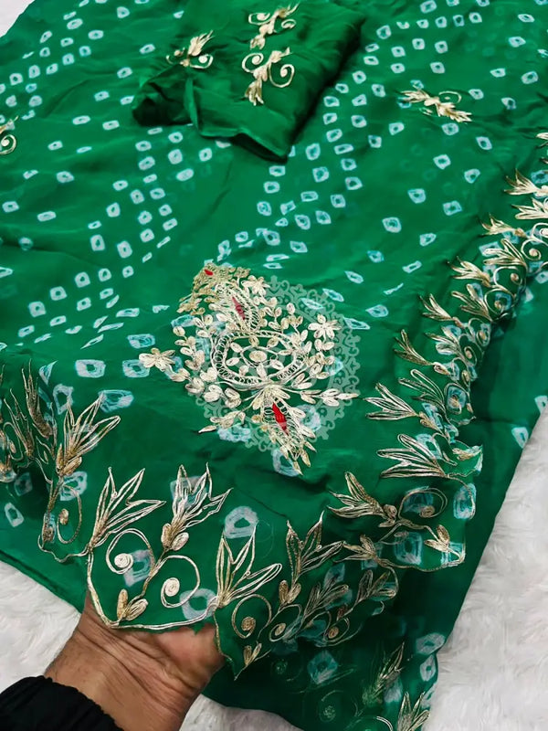 SEMI CHIFFON BANDHANI PITTAN WORK SAREE Green / Free Size