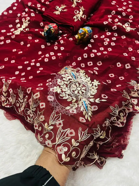 SEMI CHIFFON BANDHANI PITTAN WORK SAREE Maroon / Free Size
