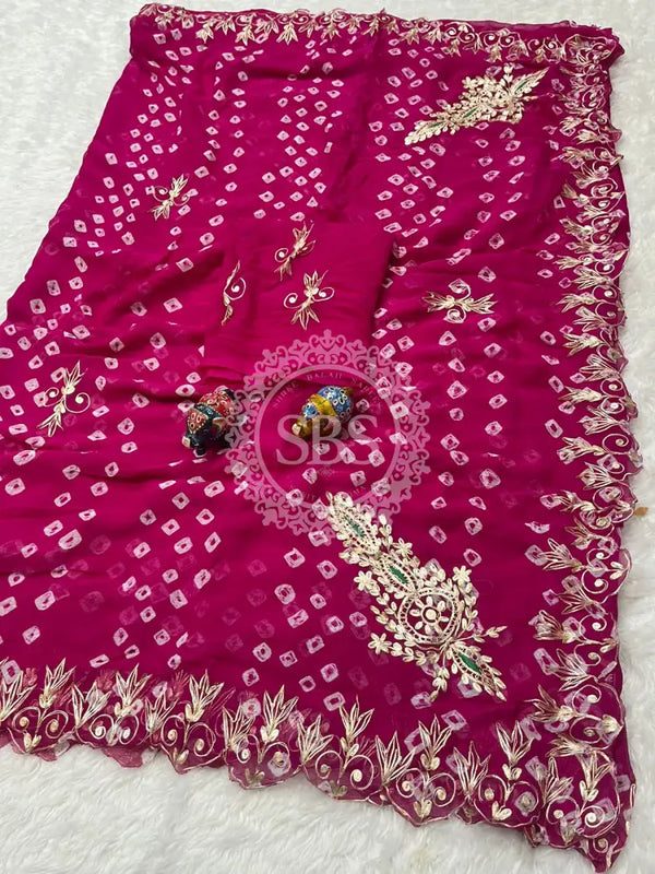 SEMI CHIFFON BANDHANI PITTAN WORK SAREE Pink / Free Size