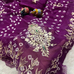 SEMI CHIFFON BANDHANI PITTAN WORK SAREE Purple / Free Size