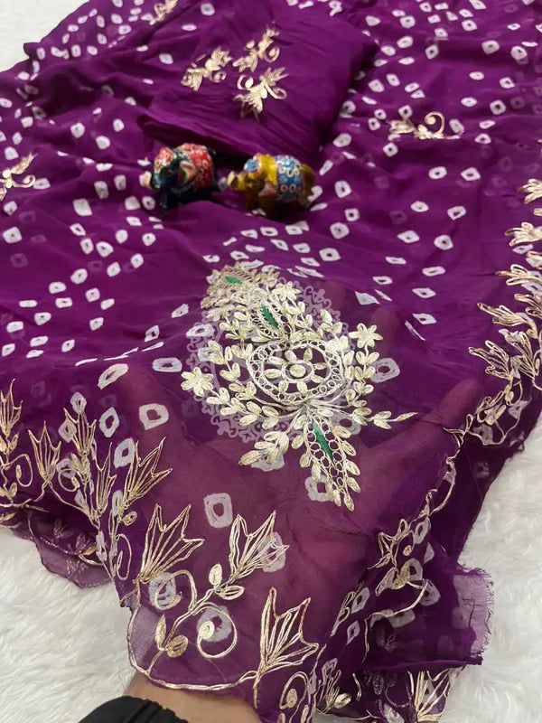 SEMI CHIFFON BANDHANI PITTAN WORK SAREE Purple / Free Size