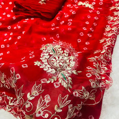SEMI CHIFFON BANDHANI PITTAN WORK SAREE Red / Free Size