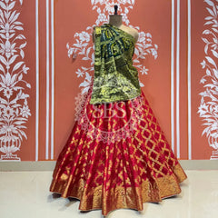 TAFETA SILK 24 KALI GHATCHOLA LEHENGA Red & Green / Free Size