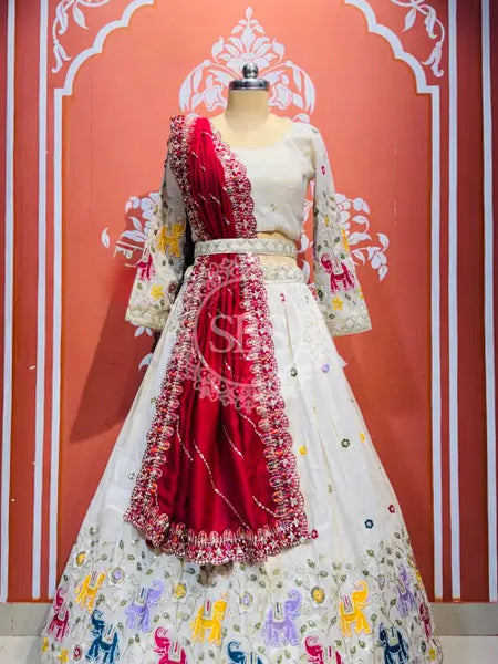 TISSUE ELEPHANTH ROYAL LEHENGA SET White