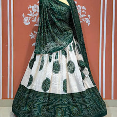 TUSSAR SILK GUJRATI BOOTA LEHENGA Green / Free Size