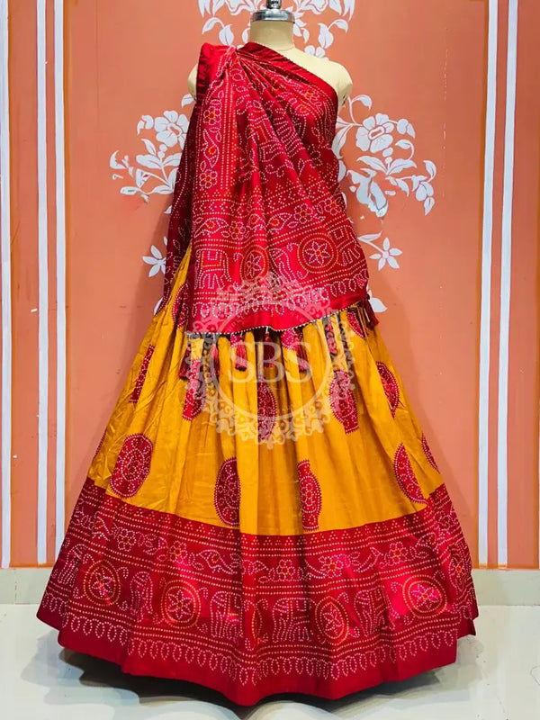 TUSSAR SILK GUJRATI BOOTA LEHENGA Orange / Free Size