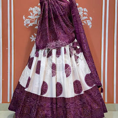 TUSSAR SILK GUJRATI BOOTA LEHENGA Purple / Free Size
