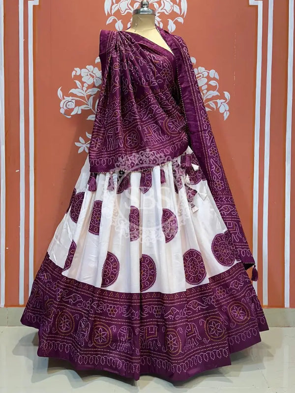 TUSSAR SILK GUJRATI BOOTA LEHENGA Purple / Free Size