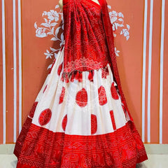 TUSSAR SILK GUJRATI BOOTA LEHENGA Red / Free Size