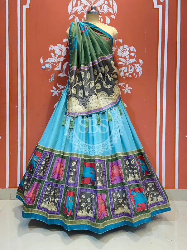 TUSSAR SILK GUJRATI LEHENGA Blue / Free Size