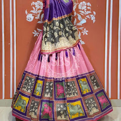 TUSSAR SILK GUJRATI LEHENGA Pink / Free Size