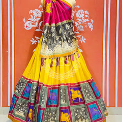 TUSSAR SILK GUJRATI LEHENGA Yellow / Free Size