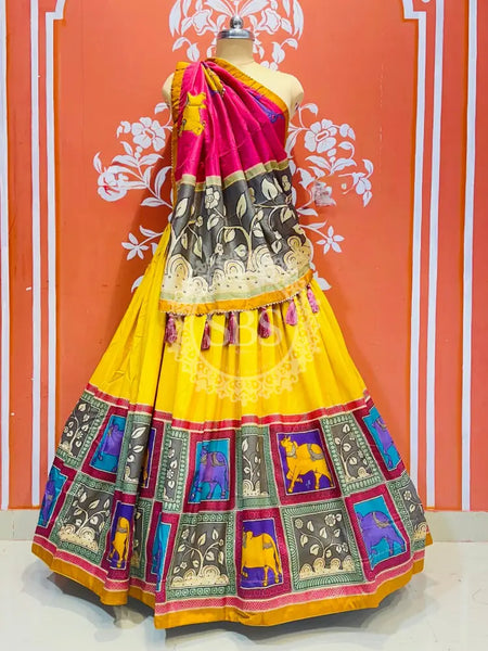 TUSSAR SILK GUJRATI LEHENGA Yellow / Free Size