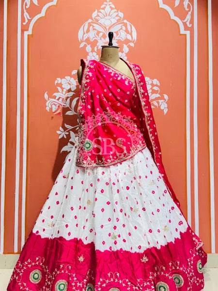 UPADA SILK GOTA PATTI BHANDEJ LEHENGA Pink & White / Free Size