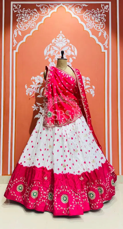 UPADA SILK GOTA PATTI BHANDEJ LEHENGA Pink & White / Free Size