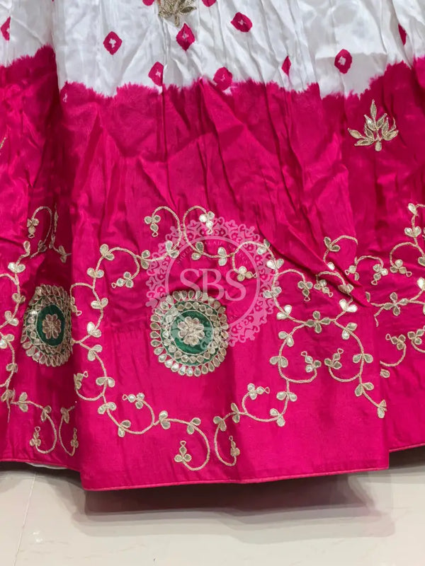 UPADA SILK GOTA PATTI BHANDEJ LEHENGA Pink & White / Free Size
