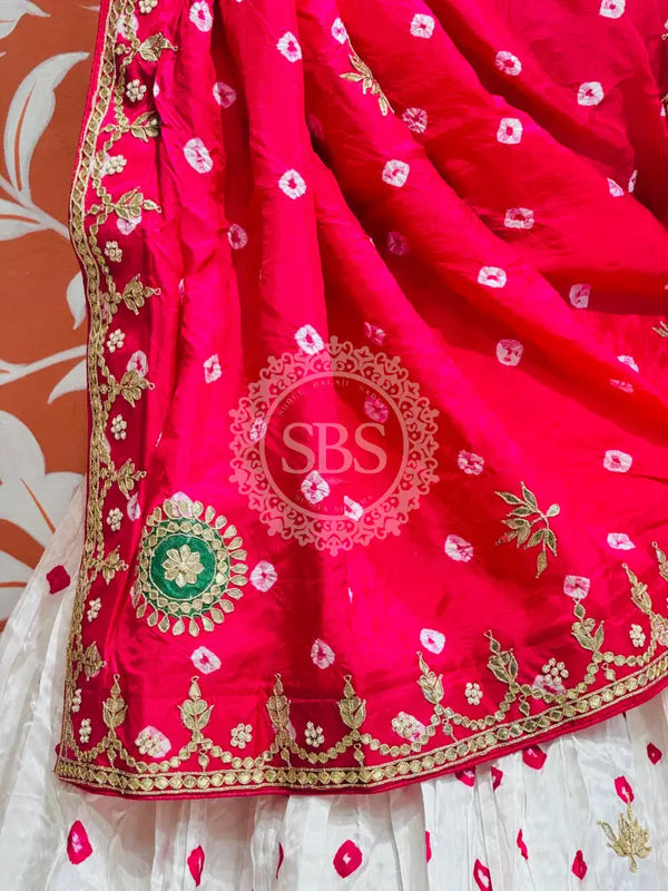 UPADA SILK GOTA PATTI BHANDEJ LEHENGA Pink & White / Free Size