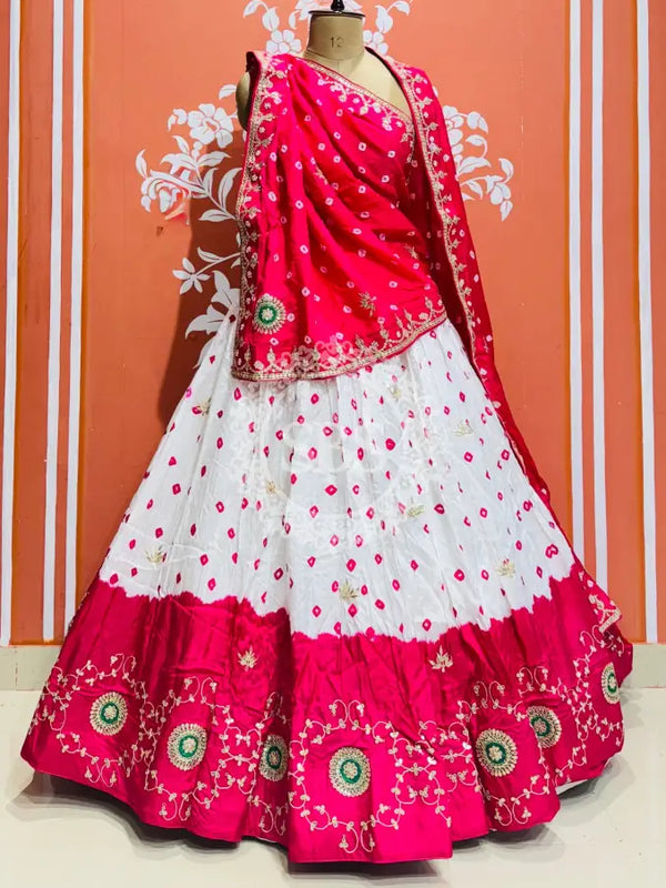 UPADA SILK GOTA PATTI BHANDEJ LEHENGA Pink & White / Free Size