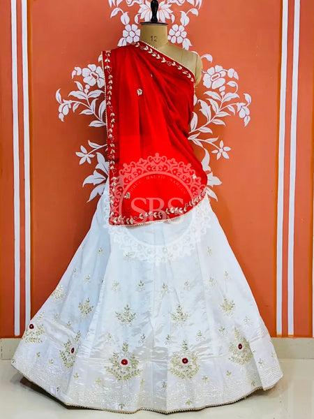 UPADA SILK HANDWORK GOTA PATTI LEHENGA Red & White / Free Size
