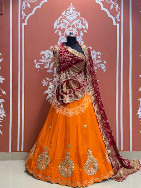 UPADA SILK LEHENGA WITH GHATCHOLA DUPATTA Maroon & Orange
