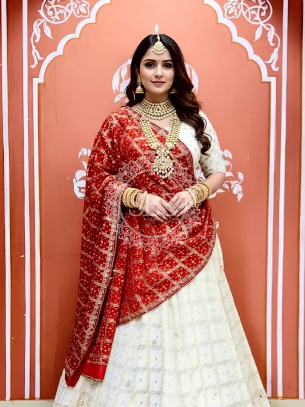 Zari Ghatchola Pure Georgette lehenga White & red / Free Size