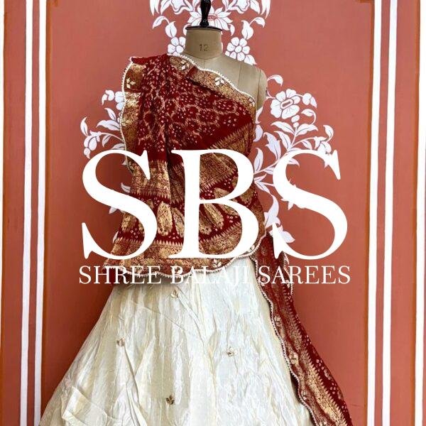 Premium White Tissue Silk Lehenga with Bandhej Dupatta & Gota Patti Handwork